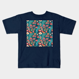 Dark blue cottagecore flower pattern Kids T-Shirt